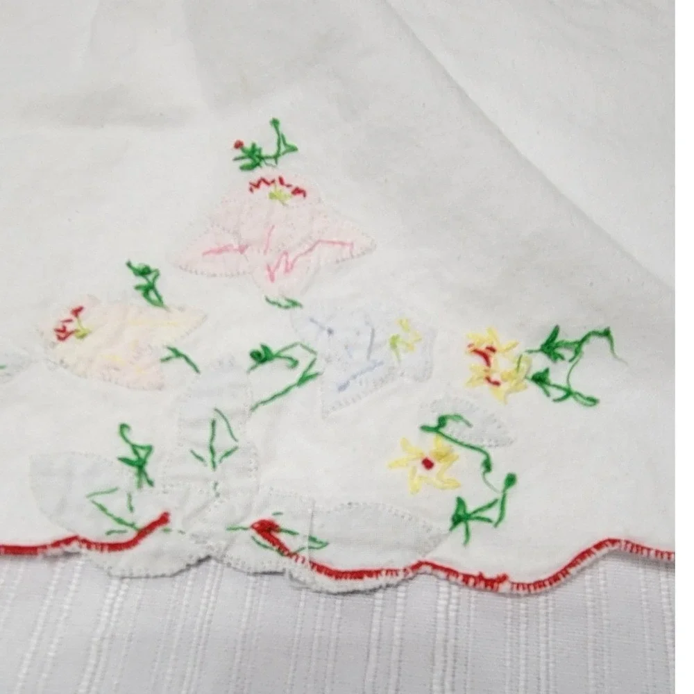 2 Vintage Hand Embroidered Floral Applique Scallop Edge Cotton Dish towels